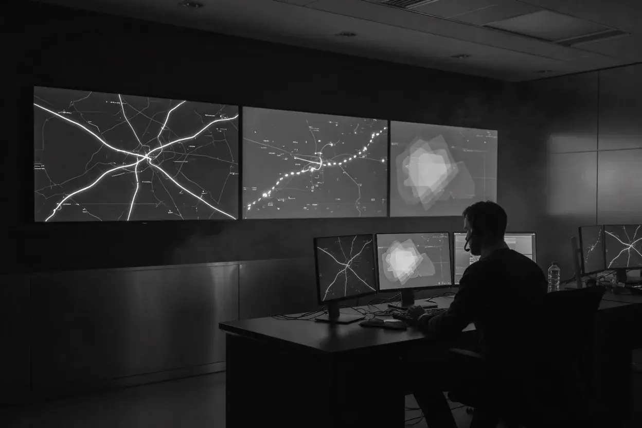 Dispatch operations room with route monitors.