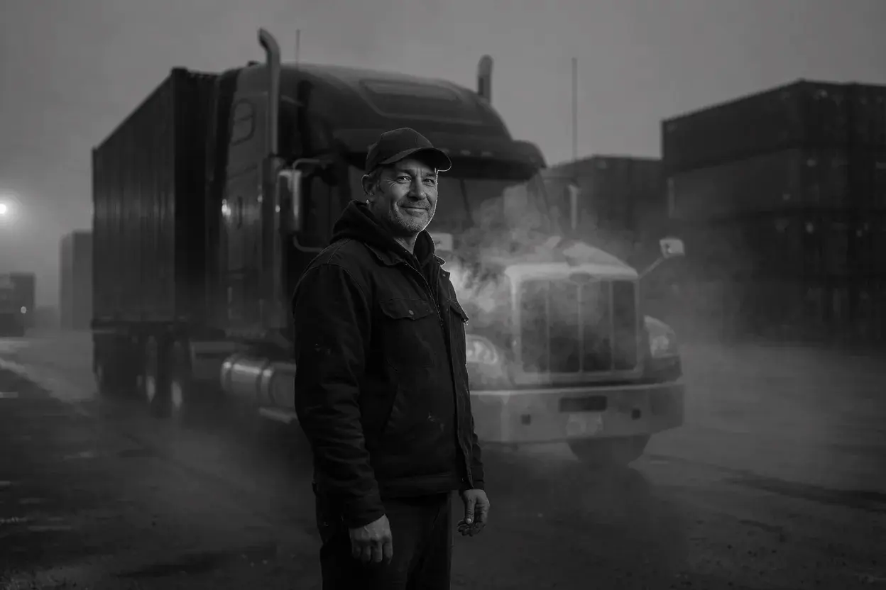 Professional driver standing beside a tractor at a container yard.