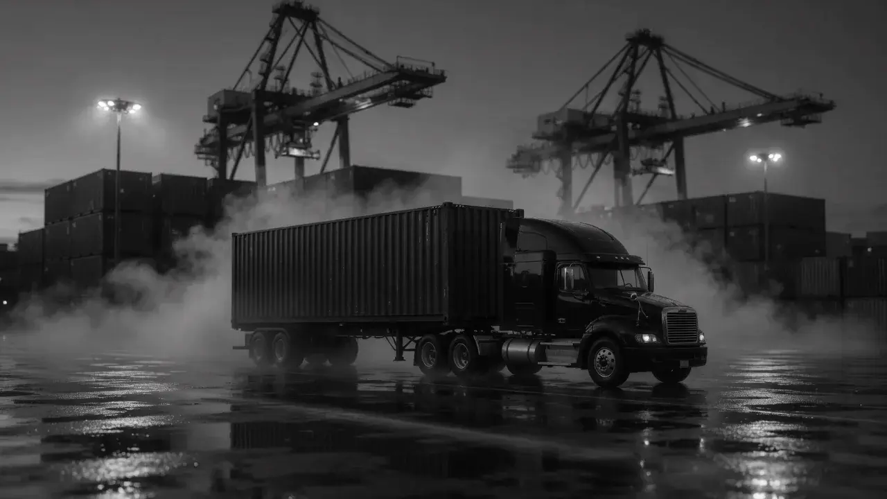 Tractor coupled to a 40 foot container on a chassis.